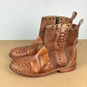 Bed Stu Baxter Boot Woven Leather Womens 8 Brown Tan Side Zip